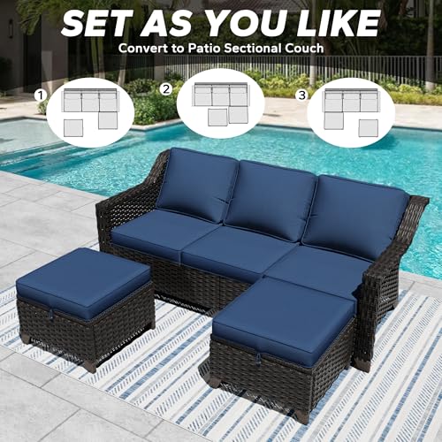 Image of 3 Pieces Outdoor Conversation Furniture Set - 77 inch Patio Sofa, 2 Rattan Wicker Ottomans, Patio Wicker Couch Set with Water-Resistant for Sunroom, Deck, Porch (Navy Blue) | Patio Chair Set with Olefin Removable Cushion, All-Weather Outdoor Couch with Deep Seat for Porch, Deck and Backyard, Blue