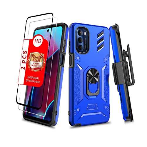 Image of Military Grade Phone Case with Ring Card Holder for Moto G Stylus 5G 2022 - Shockproof Case with Screen Protector and Belt Clip for Motorola Moto G Stylus 5G 2022(Blue)
