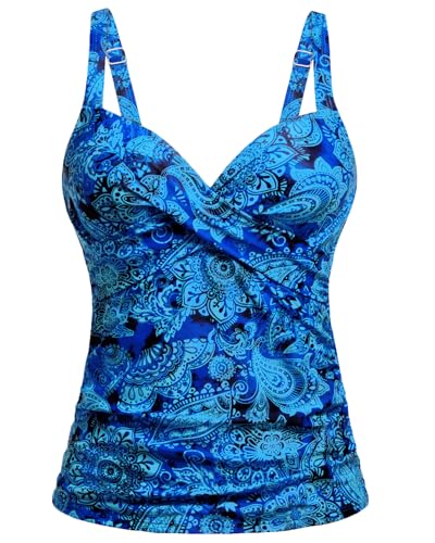 Women's Underwire Tankini Top Only - Push Up Swimsuit Top with Bra Support Tummy Control Bathing Suit Top No Bottom 2025 Blue Paisley XL