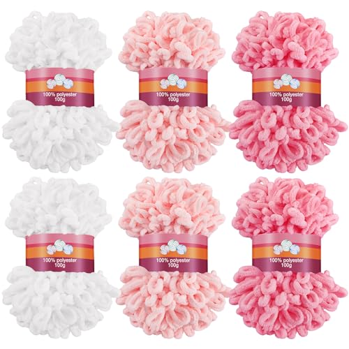 Image of Threlaco 6 Pack Loops Yarn Bulk for Finger Knitting Soft Chunky Yarn 600 G / 6 Skeins for Beginners DIY Hand Knitting No Needles or Hooks (White, Pink, Carmine)