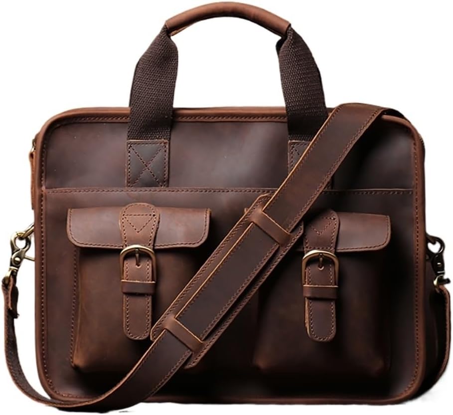 Vintage Men Briefcase Man Handbag Shoulder Genuine Leather Bags Brown Business 14 Inch Laptop Bag