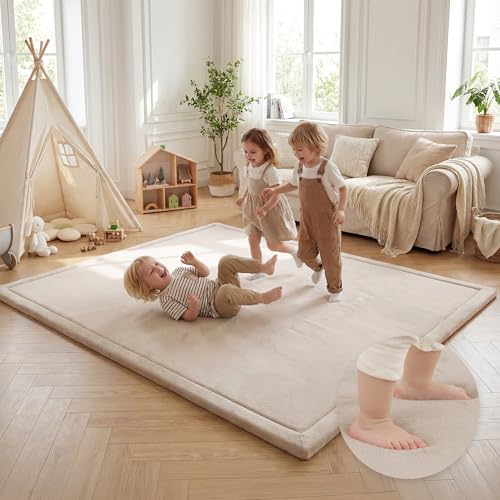 Image of Baby Play Mat for Floor,1.3" Thick Elasti Foam Tummy Time Mat,Soft Coral Velvet Nursery Rug,79"×118" Extra Large Non Slip for Crawling,Toddlers,Infants,kids,Tatami Style for Living Room,Classroom,Playroom(Beige)