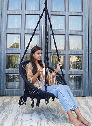 Image of Patiofy Swing for Adults - Wooden Jhula for Living Room, Balcony, Home - Large Cotton Round Hammock Hanging Chair (Black)