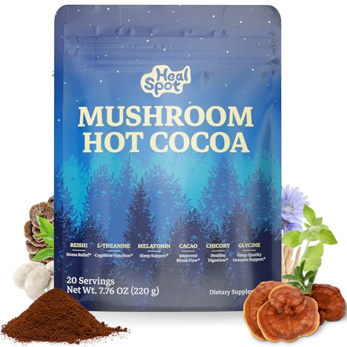 Healspot Mushroom Cocoa Sleep Supplement with Reishi & L-Theanine Melatonin Ashwagandha Glycine & Chicory Keto Hot Chocolate with 10 Adaptogens to Support Sleep & Immune Health 7.76 OZ