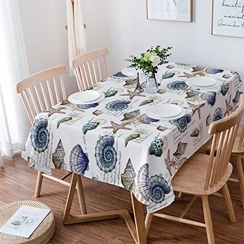 Tablecloth for Rectangle/Oval Tables 60 x 84 Inch Summer Beach Navy Blue Shell Starfish Coral Beige Fabric Table Cover Washable Table Cloth for Dinning Wedding Party Outdoor Picnic Decorative