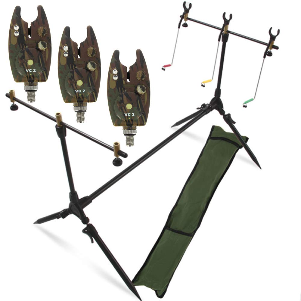 G8DS® Set Rod Pod Rutenhalter + Tragetasche inklusive 3 Bissanzeiger mit Lautstärke- und Tonregler Karpfen Angeln
