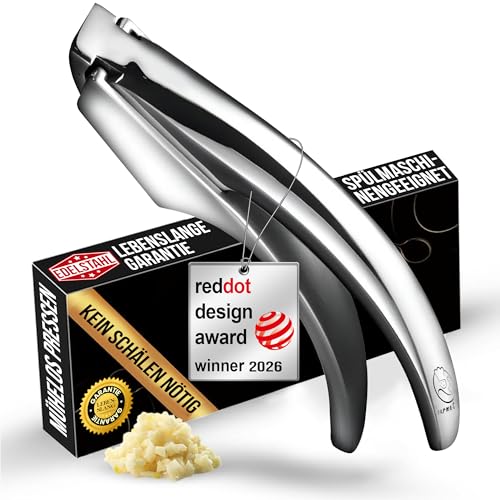 Knoblauchpresse Edelstahl für Knoblauch & Ingwer - kein Schälen nötig | Leicht zu reinigende Knoblauchpresse mit lebenslanger Garantie (für feines Knoblauchhack)