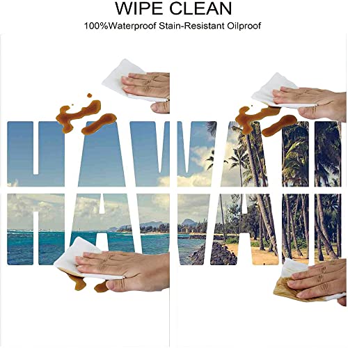 Hawaiian Oval Fitted Tablecloth, Word Hawaii With Tropical Island Photo Exotic Popular Places Palm Forest By Ocean, For Kitchen Dining, Party, Holiday, Christmas, Fits 48" X 72" Table, Blue White #TOP2