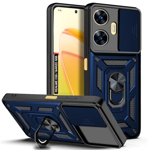 Image of AESTMO Tough Armor Realme C55 / Narzo N55 Bumper Back Case Cover | Ring Holder & Sliding Camera Shield Cover | 360 Degree Protection Back Case Cover for Realme C55 / Narzo N55 (Blue)