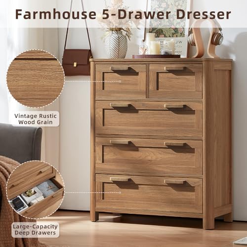 Image of Joaxswe Farmhouse 5 Drawer Dresser for Bedroom, Vertical Dressers Chest of Drawers with 5 Deep Drawers & 4 Thickened Table Legs & Rounded Corners, Brown