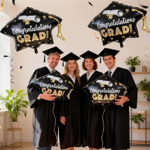 Image of Graduation Cap Balloons, Graduation Decorations 2026, 4 Pcs Black Gold 2026 Congrats Grad Hat Balloon Foil Mylar Balloon for High School College Class of 2026 Congratulations Graduate Party Decoration
