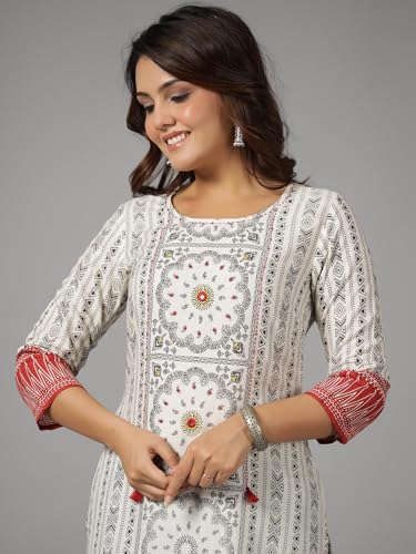 Image of Juniper White Ethnic Motif Printed Rayon Slub Kurta with Beads & Sequins