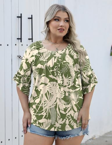Image of Micoson Womens Plus Size Tops 3 /4 Ruffle Sleeve Crewneck Pleated Shirts
