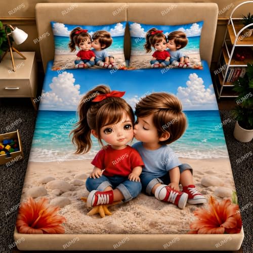 Image of RUMPS 7D Cute Cartoon Couple Printed Flat Bedsheet King Size 90x100 Inch with 2 Pillow Covers 16x26 Inch | Kids Love Theme Microfiber Double Bedsheet