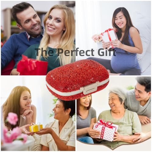 Image of Cute Pill Organizer Small Bling Pill Case for Purse Medicine Vitamin Container Holder Daily Pill Box Container for Women Travel Medicine Kit(Red)