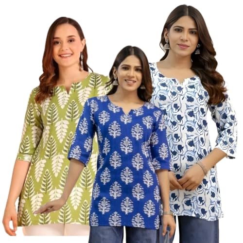 Image of Women's Printed Short Kurti Tops Rayon Cotton Blend Tunic Combo