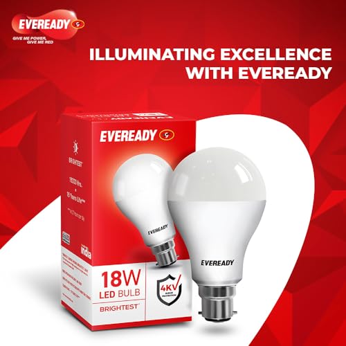 Image of Eveready 18W LED Bulb | 1800 Lumen | 4KV Surge Protection | Long Life & Low Maintenance | BIS Certified | 1 Year Warranty | 100 Lumens Per Watt | Cool Day Light (6500K) | B22 | Pack of 2