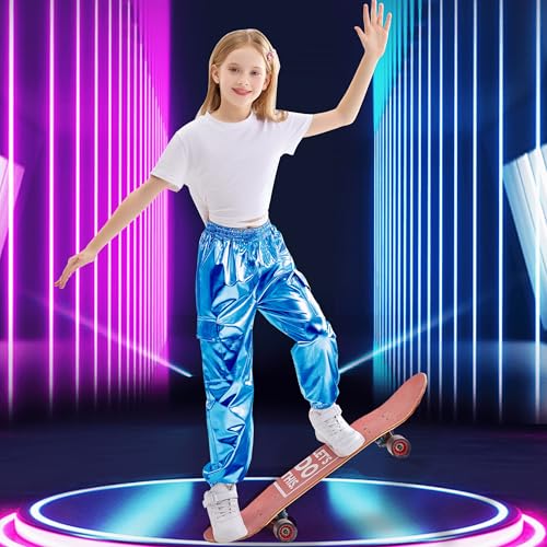 Image of Rolanko Girls Shiny Metallic Cargo Pants, Sparkle Jogger Pants for Girls Hip Hop Dance Streetwear Cargo Trousers 6-15 Years
