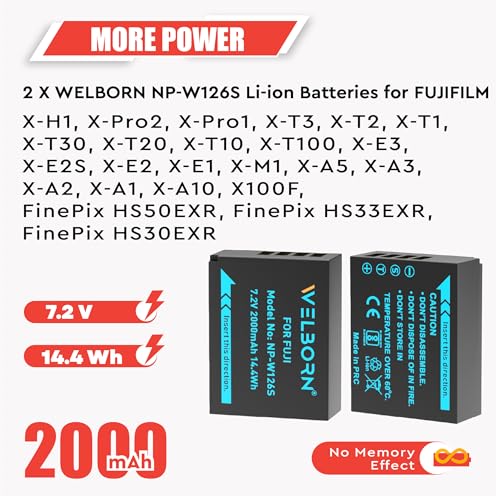 Image of WELBORN NP-W126s Dual Battery and Charger Combo Pack for Fujifilm X-T100 X-T200 X100F X100V X-S10 X-A5 X-A10 X-E4 X-Pro2 X-Pro3 X-T1 X-T2 X-T3 X-T10 X-T20 X-T30 X-T30 II