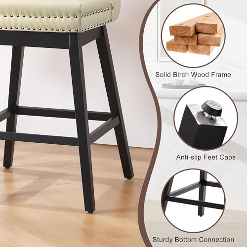 Image of Beige Swivel Bar Stools Set of 2, 30 Inch Counter Height Chairs | Swivel Faux Leather Barstools, Solid Wood Legs, Upholstered Kitchen Island Chairs with Back (Beige, 2 Pack, 30 inch H)