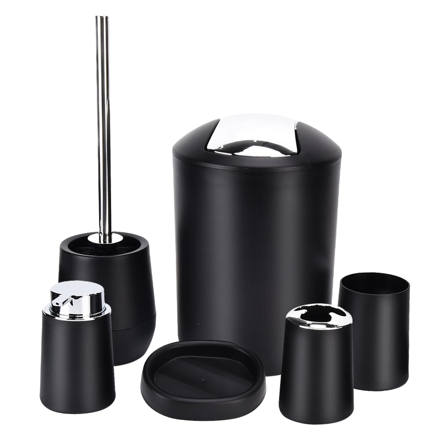 Tissting Set Completo Accessori Bagno 6 Pezzi Design Moderno Nero in PP Plastica con Pattumiera, Scopino, Portaspazzolino, Dispenser di Sapone per Lozione, Portasapone, Tazza