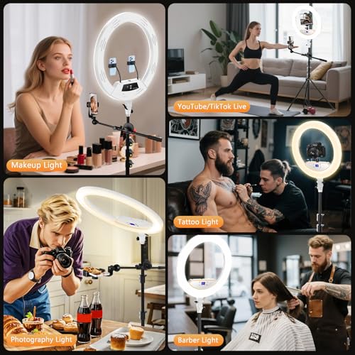 Ring Light 22inch Kit: Ring Light Tripod for iPhone ipad,with 75" Tripod/LCD Display/4 Phone Tablet Clips/2 USB Ports,LED RingLight for Barber Makeup Tattoo TikTok Video Recording Vlog (White)