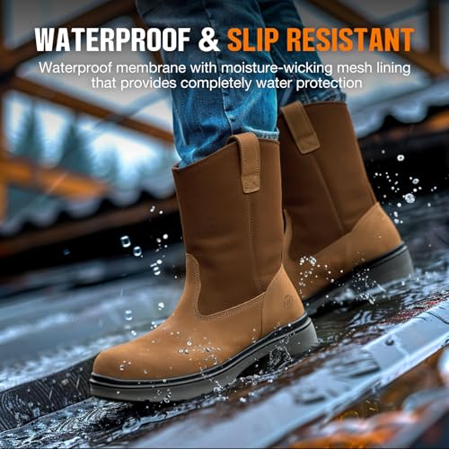 Image of NINGO Steel Toe Work Boots for Men, Waterproof Wellington Mens Boots with Full Grain Leather, Slip Resistant and Puncture Proof, Pull-On Work Shoes for Construction, Industrial and Farming