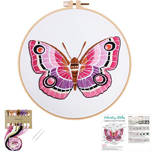 Nuberlic Embroidery Kit Butterfly Pattern Embroidery Starter Kits for Adults Beginners Home Decor Include Embroidery Fabric Embroidery Hoop Threads and Needles