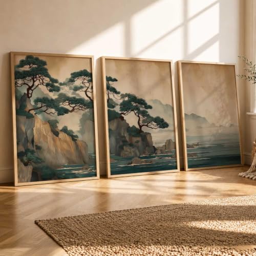 Image of kotart Big Aesthetic Nature Art Wall Framed Posters | Japanese Nature View Framed Poster for Living Room Bedroom Wall Decor Set Of 3 (10X13 inch)