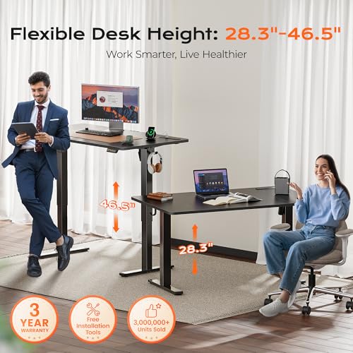 Image of Huuger 55 x 28 Large Electric Standing Desk with 4 AC Outlets, Type-C Port, Height Adjustable Computer Desk, 27.6 inch Deep Desktop, Stand up Gaming Office Desk, 3 Preset Heights, for Home Office, Black
