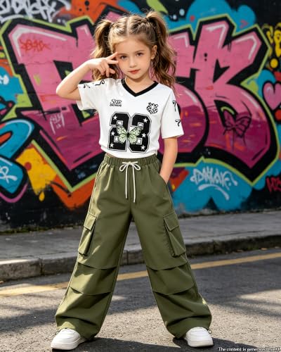 Image of Betusline Girls 2 Piece Summer Outfits,Kids Casual Short Sleeve Crop Top & Cargo Jogger Pants Sets,4T-14Y
