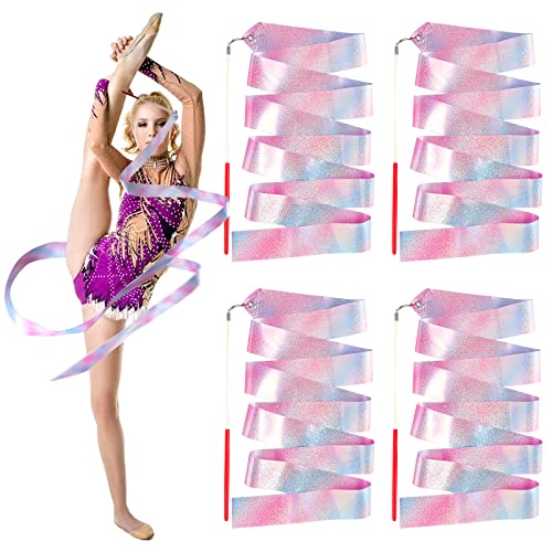 Rubans de Danse 4pcs 2m Gym Fitness Rubans Gymnastique Rythmiques Streamer Danse Ruban de Gymnastique Enfant pour la Formation de Danse Artistique, avec Baguette de Danseur Bâton Twirling Cover