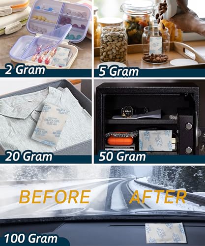 5 gram 50 pack color-indicating silica gel packets premium food grade desiccant - rechargeable moisture absorbers for food storage electronics 3d filament amp safes