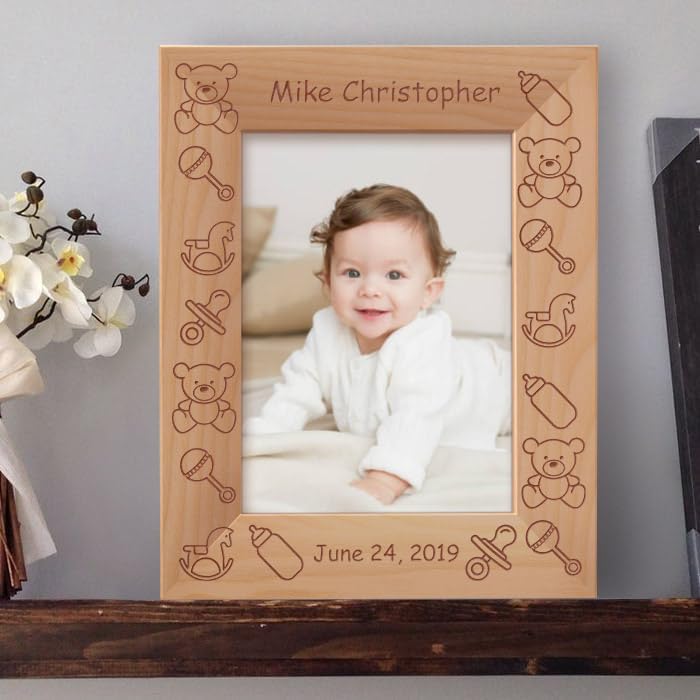 Baby's Name and Birthdate Personalized Wooden Picture Frame 5" x 7" Brown (Vertical)