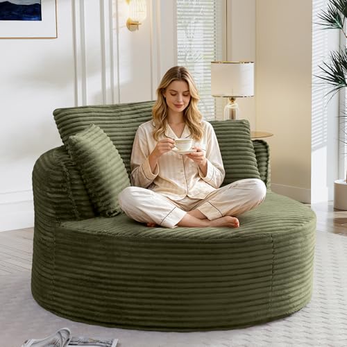 Image of Antetek 53.5-inch Round Chair, Modern Accent Corduroy Comfy Deep Seat Boneless Foam Floor Single Circle Chaise Sofa Chair with 3 Pillows for Living Room Bedroom Office, No Assembly Required, Green