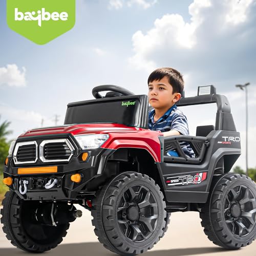 Image of Baybee Trojan Battery Operated Jeep for Kids with RGB Windshield Light, Bluetooth, USB & Music | Baby Big Ride on Battery Car | Electric Jeep Car for Kids to Drive for 2 to 6 Years Boys Girls (Red)
