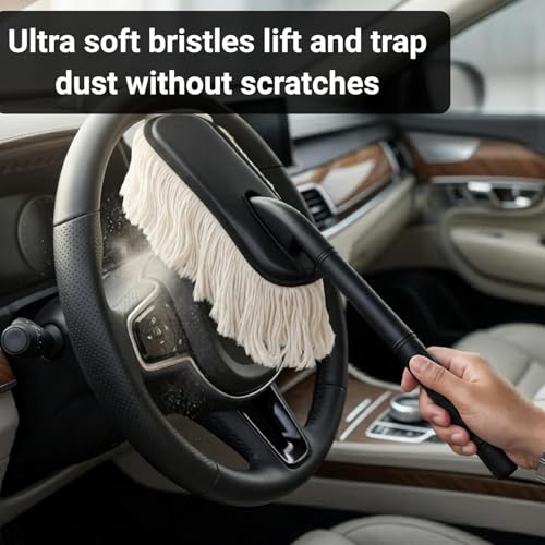 Image of Kmils Premium Soft Fiber Car Duster Brush Set with Dashboard & Air Vent Cleaning Brush | Scratch-Free Car Interior & Exterior Dust Cleaner for Car (Pack of 2) (White Car Duster + Brush)