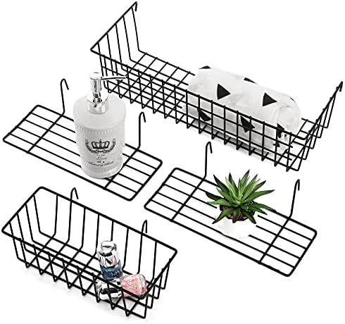 Cedilis Set of 4 Wall Grid Basket, Wire Straight Shelf, Metal Wall Grid Panel Basket, Display Hanging Basket Shelf Storage Rack for Room Organizer, 2 Wire Basket and 2 Shelf