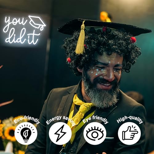 Image of You Did It Neon Sign Congrats Grad LED Neon Light for Party Backdrop Decor | Graduation Decorations 2026, Dimmable Graduation Cap LED Sign, White Letter Neon Lights Signs, Graduation Gifts, USB Powered