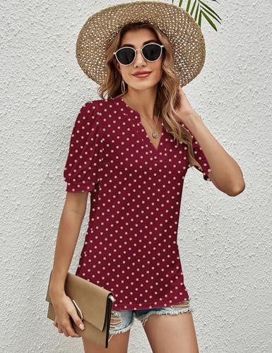 Romanstii Women Casual V-Neck T-Shirts Loose Puff Short Sleeve Tops Tunic Blouses4