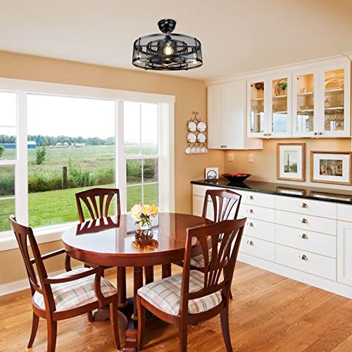 Dllt 20Inch Caged Ceiling Fan With Light, Farmhouse Ceiling Fan Lights With Remote, Industrial Ceiling Fans For Living Room, Bedroom, Kitchen, 3 Speeds Wind, Timer, 4Xe26 Bulb Base, Black (No Bulb) #TOP5