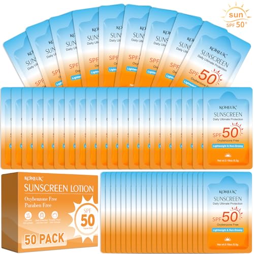 50 Pack Bulk Travel Size Sunscreen for Face and Body SPF 50 Sunscreen Lotion Lightweight and Non-Greasy Mini Size for Summer Travel Outdoor Activities 0.19 OZ/Pack