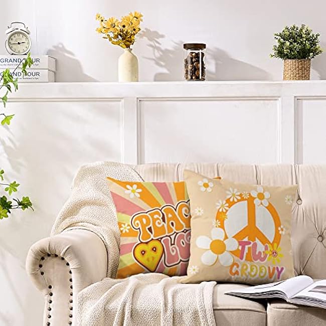 Whaline Groovy Hippie Boho Pillow Covers 18 x 18 Inch Retro Groovy Throw Pillow Cover Set of 4 Colorful Boho Daisy Flowers Linen Cushion Cover for Birthday Holiday Home Couch Sofa Decoration