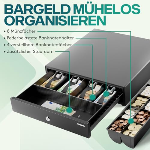 ACROPAQ Kassenschublade - Kassenlade kompatibel mit RJ11 Bondruckern, 8 Münz- & 4 Geldscheinfächern, Robustes Metallgehäuse (42 x 41 x 10 cm) - Kasse