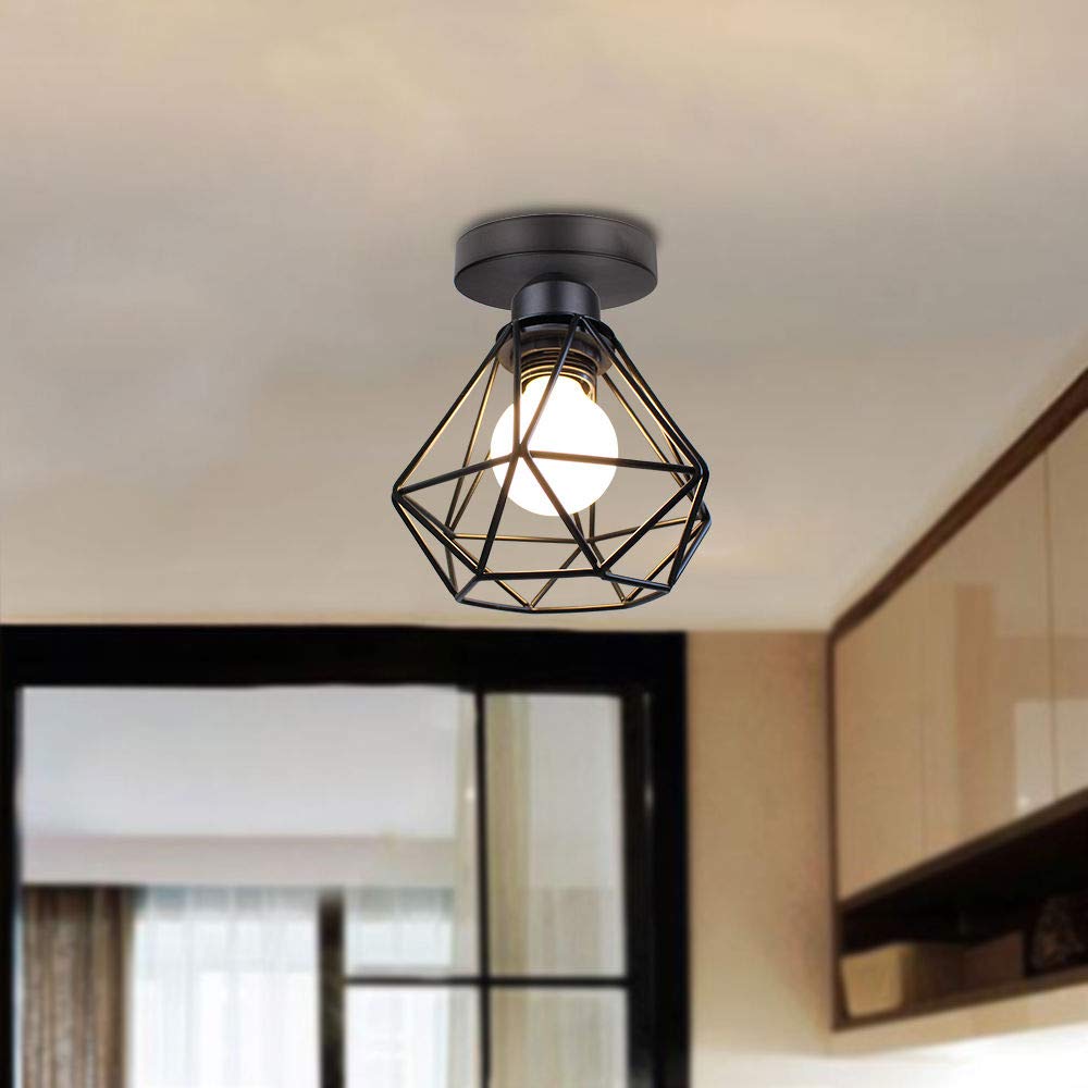iDEGU 4 Piezas Lámparas de Techo Vintage Ø16cm E27 Iluminación de Techo Plafon Retro Lámparas Colgante Industrial Estilo Jaula Diamante en Metal Luz de Techo Para Pasillo Dormitorio (Jaula B, Negro)