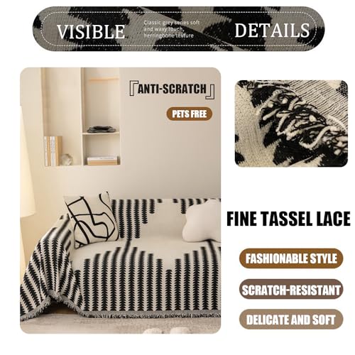 Funda de sofá reversible lavable gris con borlas bohemias para muebles 5
