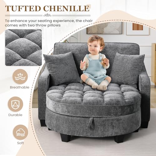 Image of Oversized Chair and A Half, Chenille Tufting Accent Comfy Reading Sofa Chair with Storage Ottoman, Upholstered Loveseat Chaise Lounge Sofa with Adjustable Back for Living Room, Office, Sunroom, Grey