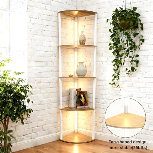 Image of Lightdot Corner Floor Lamps with Shelves, 64Inch 5-Tier Storage Shelf Lamp with Integrated LED Posts /Walnut Shelf /White Frame, White Display Floor Lamp for Living Room /Bedroom /Sofa Beside /Corner Decor