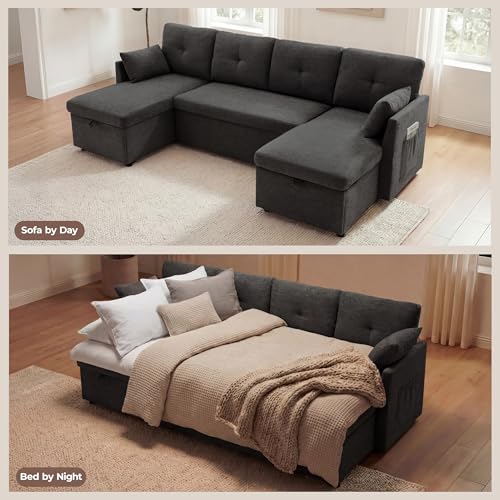 Image of Huatean Home Oversized Sleeper Sofa Couch, 100 inch 2 in 1 Pullout Couch Bed with Side Pockets for Living Room, Sectional Sleeper Sofa Bed with Double Storage Chaise, Black