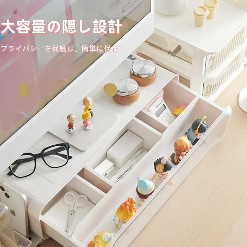 SLLS モニター台 卓上 白 引き出し付き ディスプレイ台 LEDライト付き 高耐荷重 デスク上収納 キーボード収納 防湿・防塵・